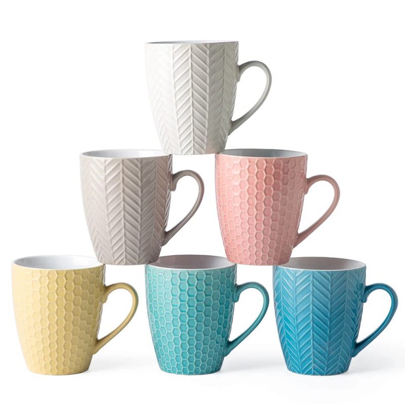 Ceramic Coffee Mugs with Multi Textured Patterns 18oz Set of 6