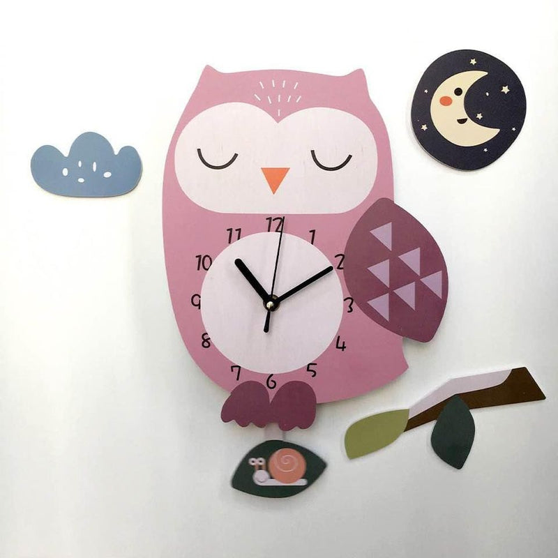 Pink Owl Kids Clock with Moving Pendulum