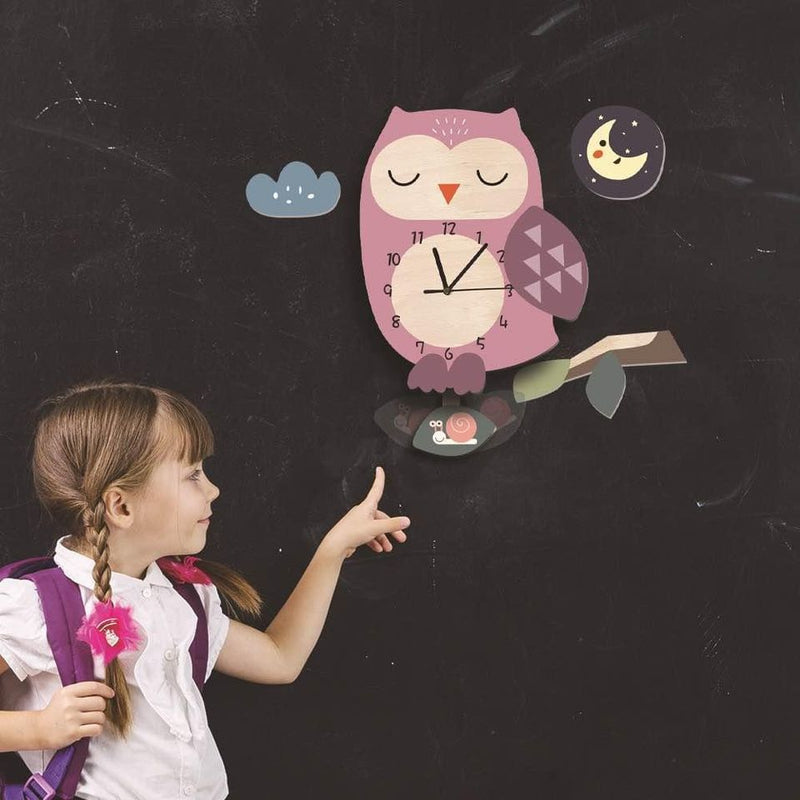 Pink Owl Kids Clock with Moving Pendulum