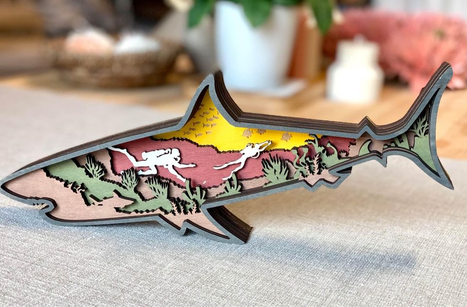 Customizable Wooden Shark carved with lights ,Desktop ornaments