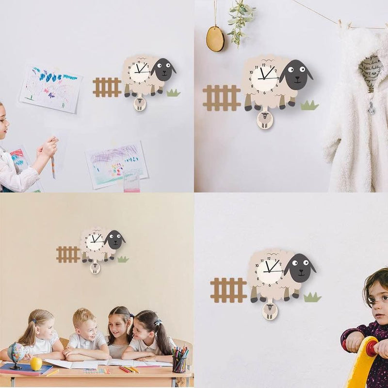 Cute Sheep Wall Clock for Kids Room with Moving Pendulum