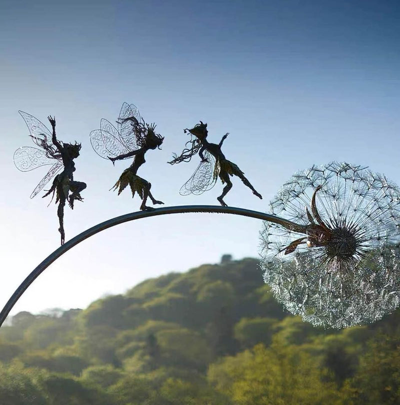 Unique Fairies On Flower Stem Metal Garden Decor